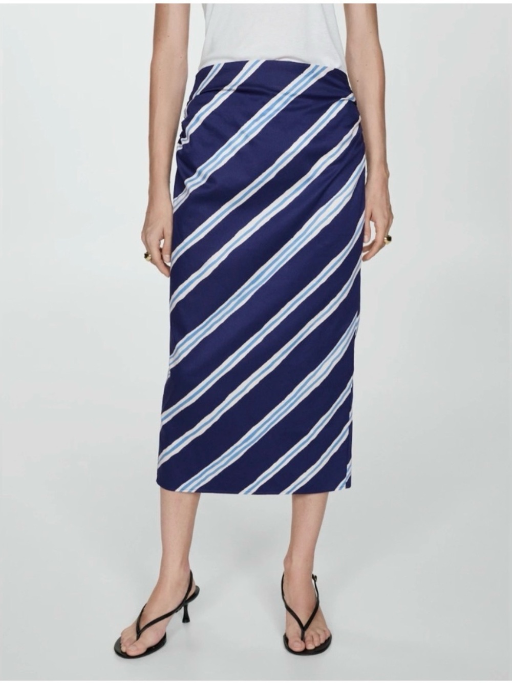 Mango Navy Blue Midi Pencil Skirt with White Stripes